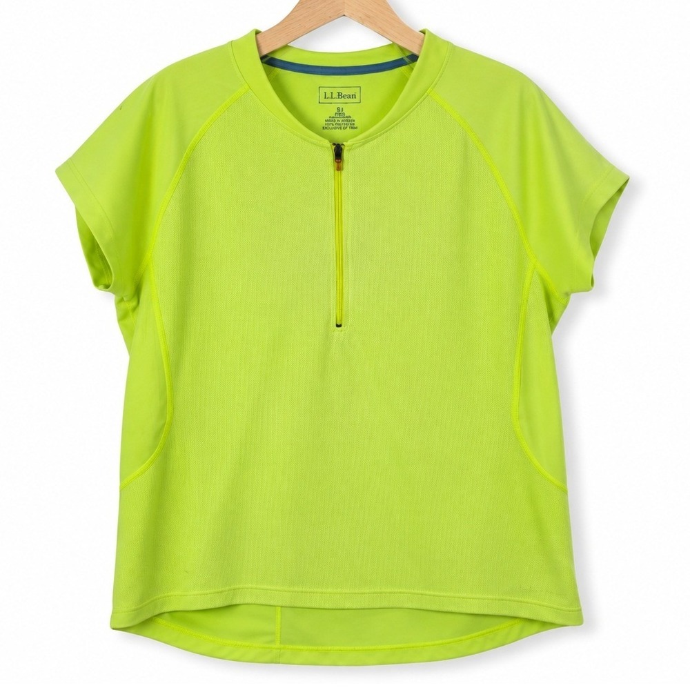 LL Bean Cycling Womens XL Active T Shirt Half Zip Neon Yellow Short Sleeve Top